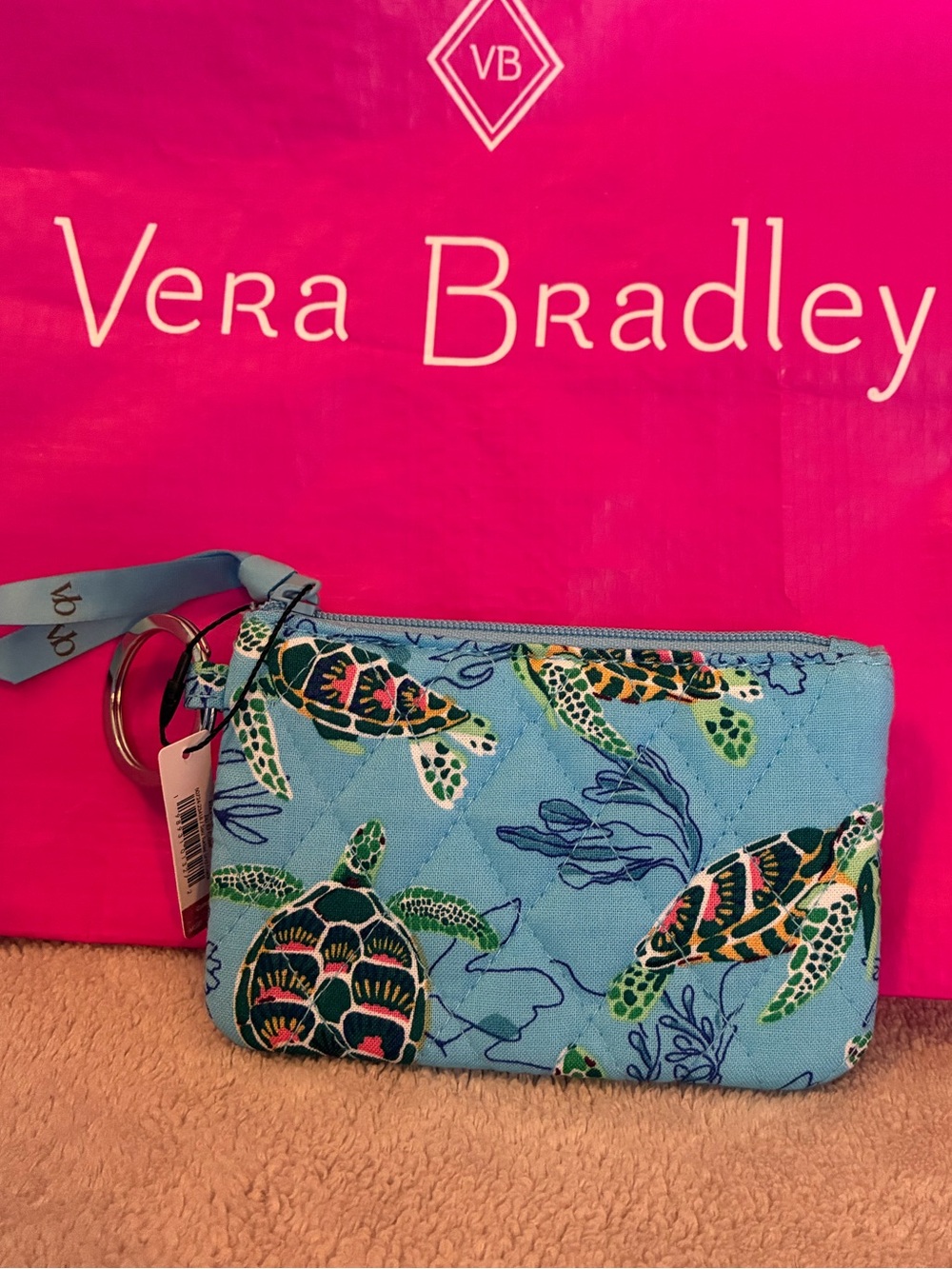 Vera Bradley Zip ID Case Key Ring Wallet sea turtles coral blue green